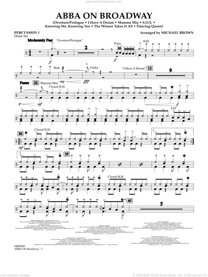 ABBA on Broadway (arr. Michael Brown) sheet music for concert band (percussion 1) by ABBA and Michael Brown, intermediate skill level