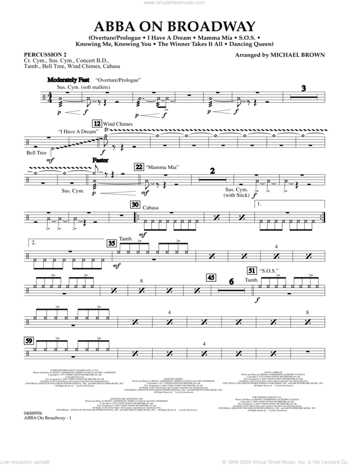 ABBA on Broadway (arr. Michael Brown) sheet music for concert band (percussion 2) by ABBA and Michael Brown, intermediate skill level
