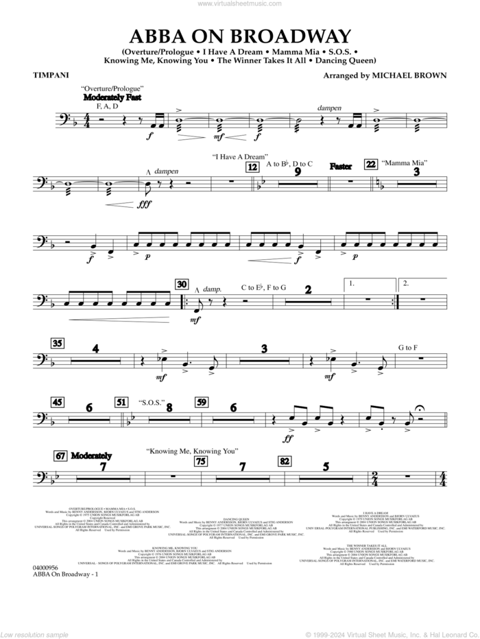 ABBA on Broadway (arr. Michael Brown) sheet music for concert band (timpani) by ABBA and Michael Brown, intermediate skill level