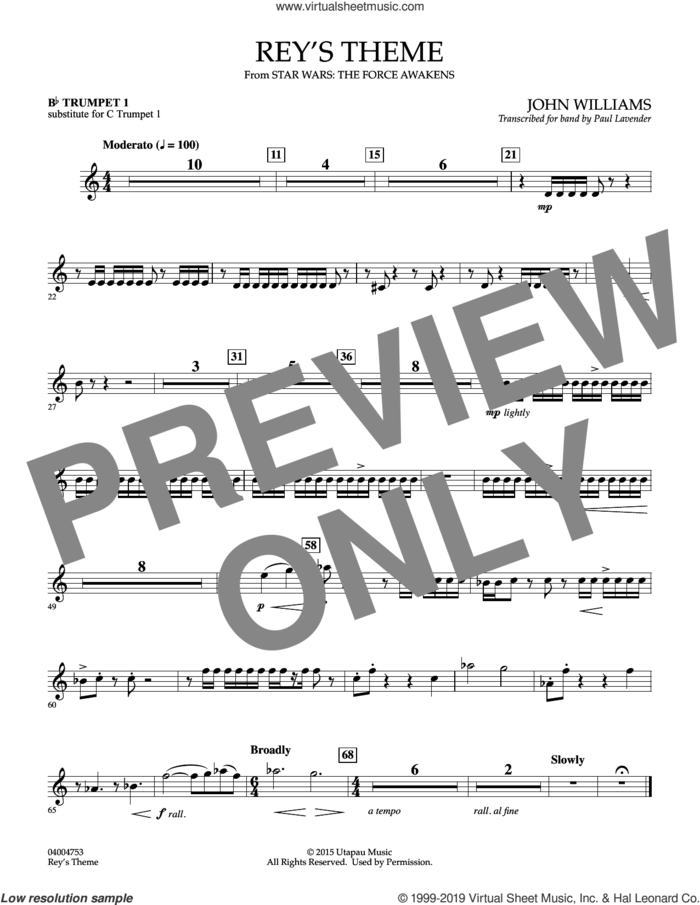 Rey's Theme (from Star Wars: The Force Awakens) sheet music for concert band (Bb trumpet 1, sub. c tpt. 1) by John Williams and Paul Lavender, intermediate skill level