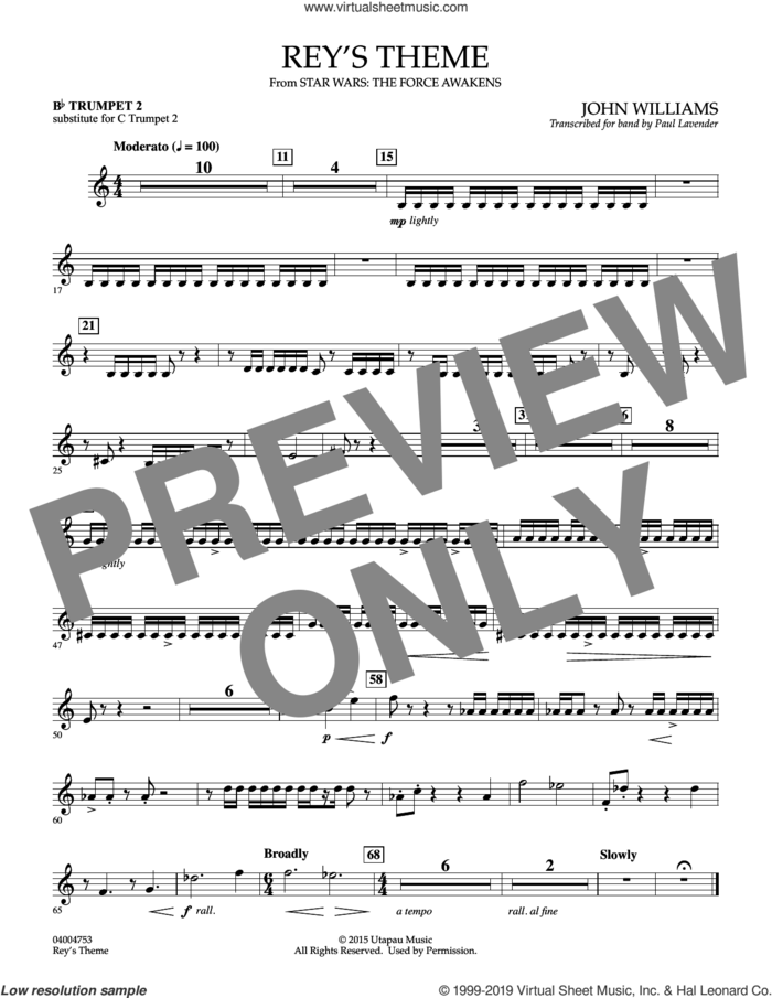 Rey's Theme (from Star Wars: The Force Awakens) sheet music for concert band (Bb trumpet 2, sub. c tpt. 2) by John Williams and Paul Lavender, intermediate skill level