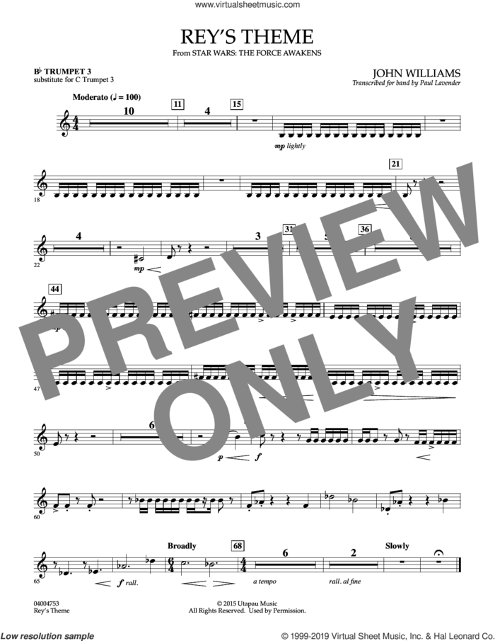 Rey's Theme (from Star Wars: The Force Awakens) sheet music for concert band (Bb trumpet 3, sub. c tpt. 3) by John Williams and Paul Lavender, intermediate skill level