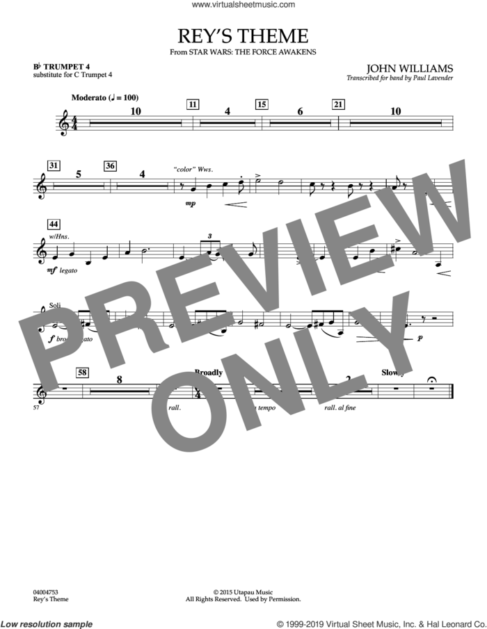 Rey's Theme (from Star Wars: The Force Awakens) sheet music for concert band (Bb trumpet 4, sub. c tpt. 4) by John Williams and Paul Lavender, intermediate skill level