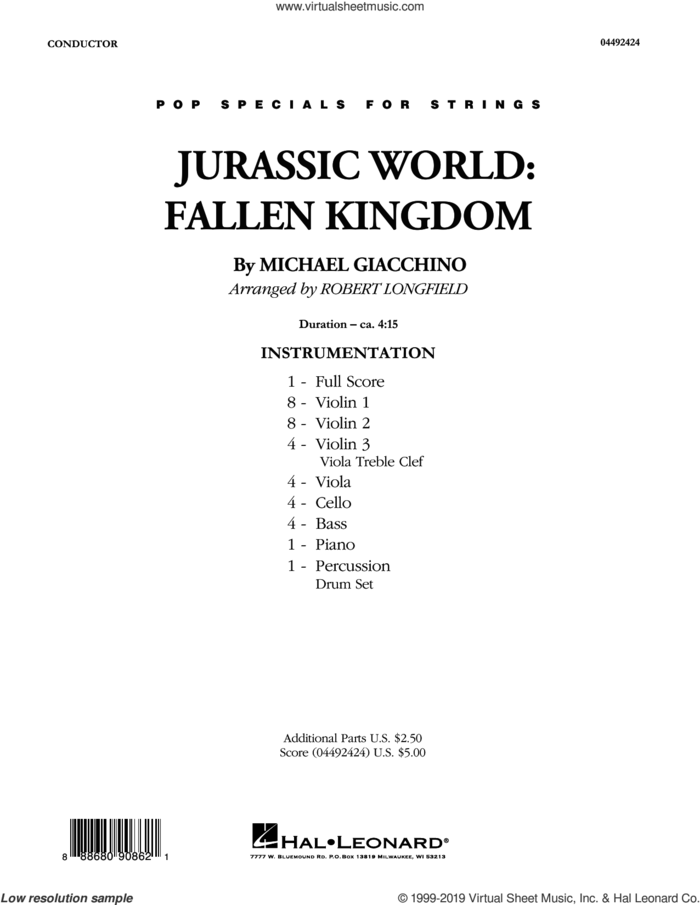 Jurassic World: Fallen Kingdom (arr. Robert Longfield) (COMPLETE) sheet music for orchestra by Robert Longfield and Michael Giacchino, classical score, intermediate skill level
