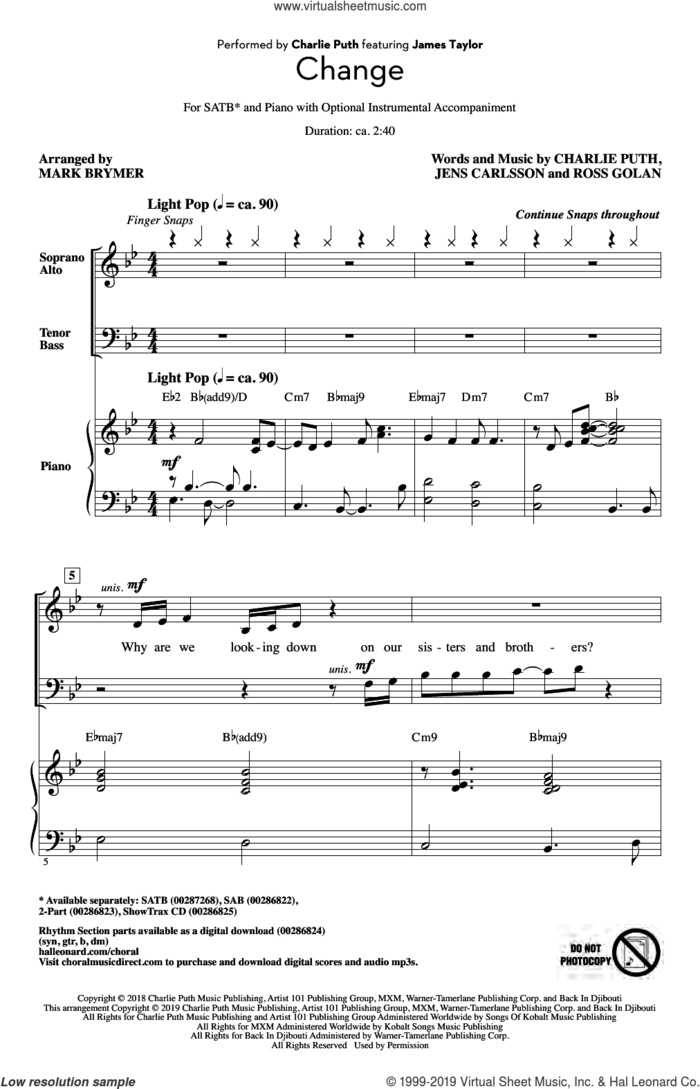 Change (feat. James Taylor) (arr. Mark Brymer) sheet music for choir (SATB: soprano, alto, tenor, bass) by Charlie Puth, Mark Brymer, Jens Carlsson and Ross Golan, intermediate skill level