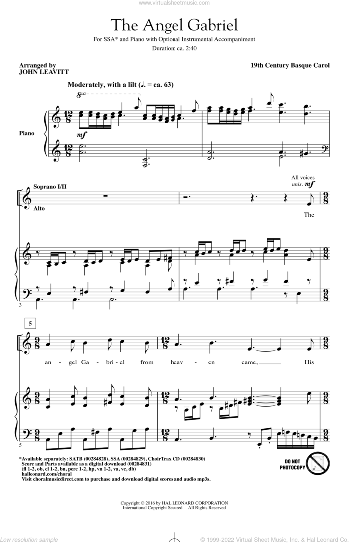 The Angel Gabriel sheet music for choir (SSA: soprano, alto) by John Leavitt and 19th Century Basque Carol, intermediate skill level