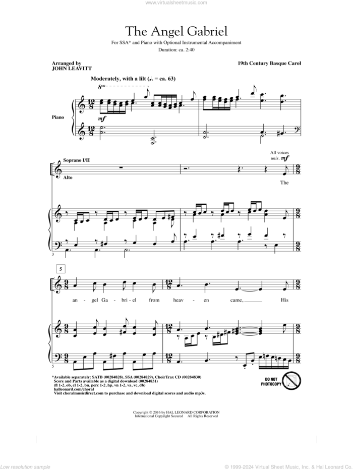 The Angel Gabriel sheet music for choir (SSA: soprano, alto) by John Leavitt and 19th Century Basque Carol, intermediate skill level