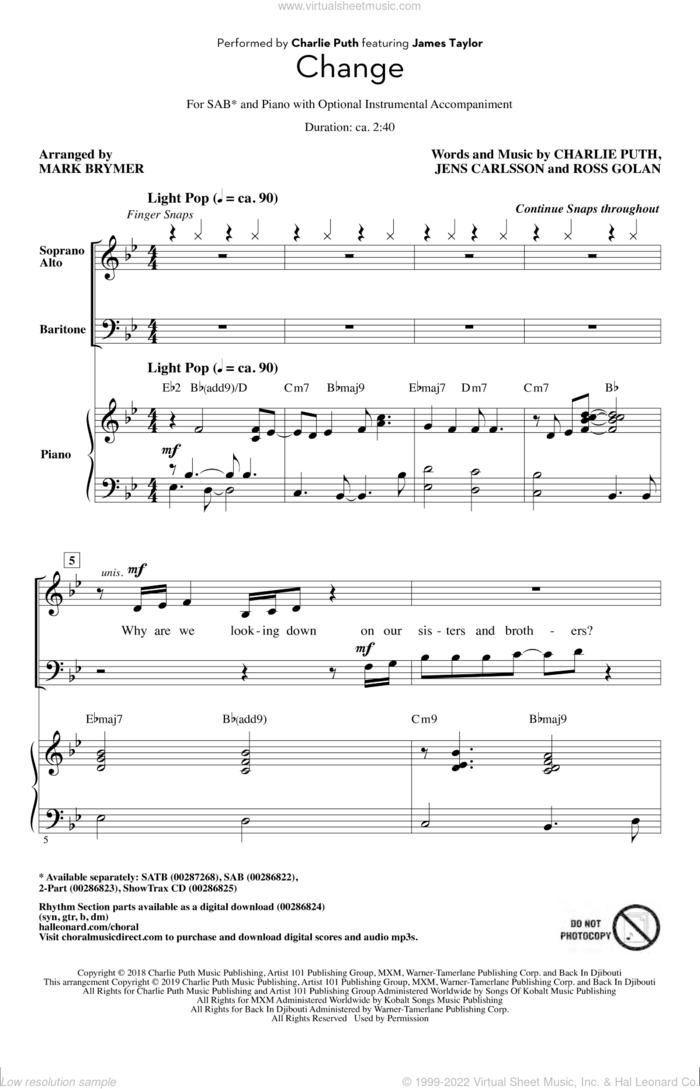 Change (feat. James Taylor) (arr. Mark Brymer) sheet music for choir (SAB: soprano, alto, bass) by Charlie Puth, Mark Brymer, Jens Carlsson and Ross Golan, intermediate skill level