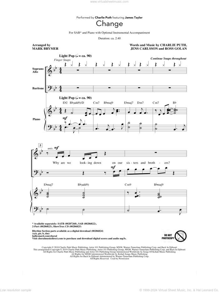 Change (feat. James Taylor) (arr. Mark Brymer) sheet music for choir (SAB: soprano, alto, bass) by Charlie Puth, Mark Brymer, Jens Carlsson and Ross Golan, intermediate skill level