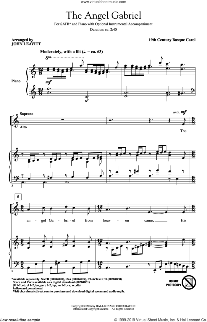 The Angel Gabriel sheet music for choir (SATB: soprano, alto, tenor, bass) by John Leavitt and 19th Century Basque Carol, intermediate skill level