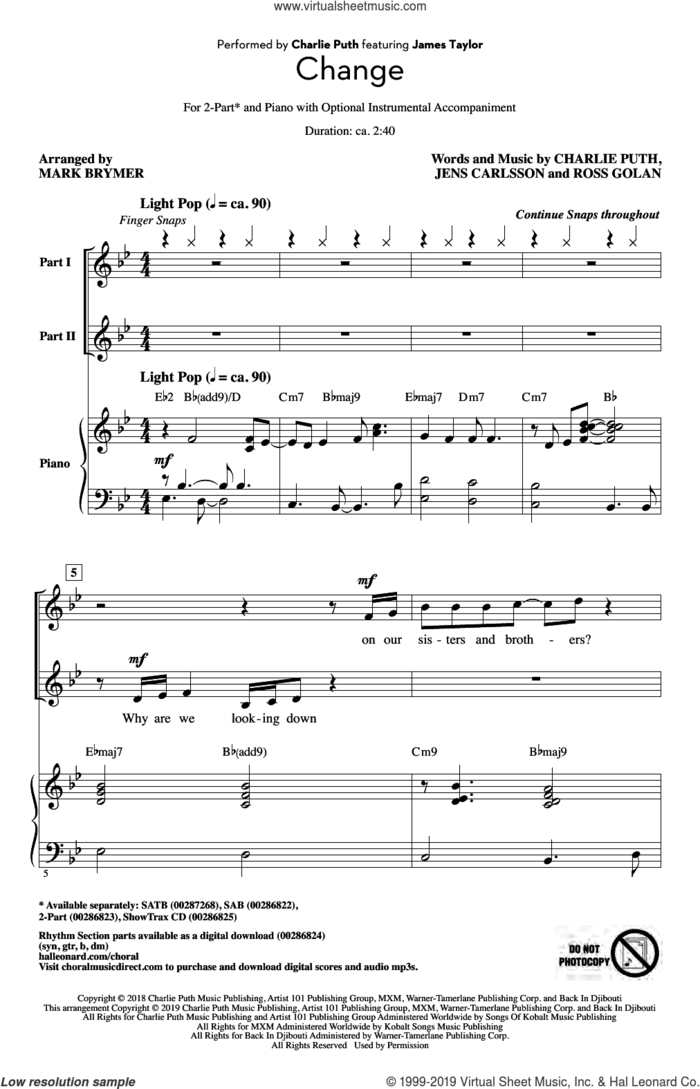 Change (feat. James Taylor) (arr. Mark Brymer) sheet music for choir (2-Part) by Charlie Puth, Mark Brymer, Jens Carlsson and Ross Golan, intermediate duet