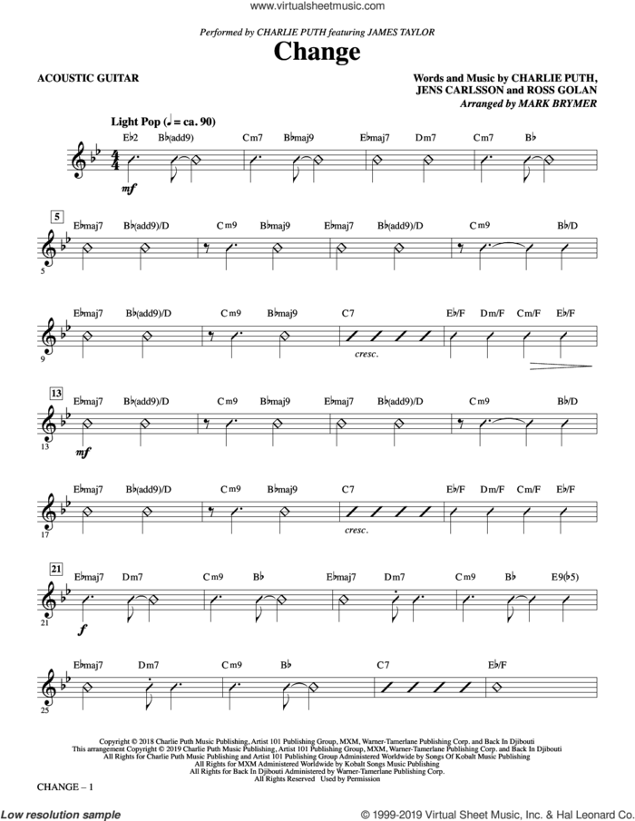 Change (feat. James Taylor) (arr. Mark Brymer) (complete set of parts) sheet music for orchestra/band by Charlie Puth, Jens Carlsson and Ross Golan, intermediate skill level