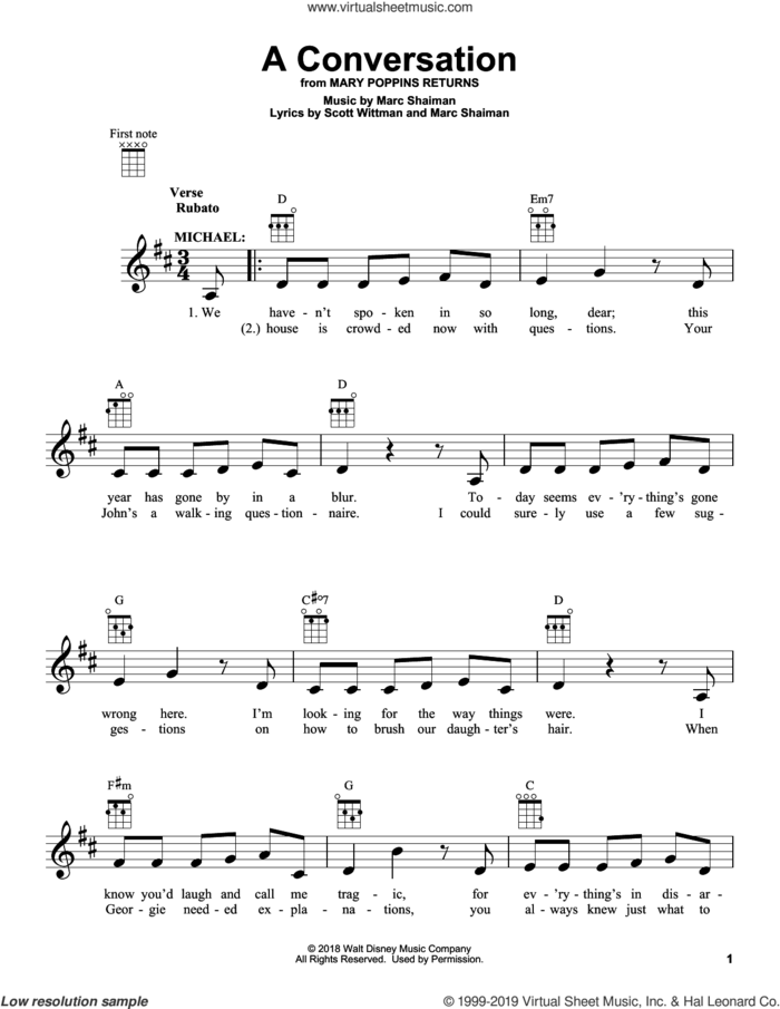 A Conversation (from Mary Poppins Returns) sheet music for ukulele by Ben Whishaw, Marc Shaiman and Scott Wittman, intermediate skill level