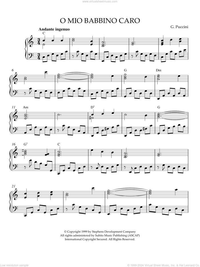 O Mio Babbino Caro sheet music for piano solo by Giacomo Puccini, intermediate skill level