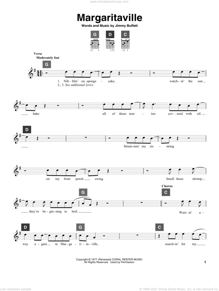 Margaritaville sheet music for guitar solo (ChordBuddy system) by Jimmy Buffett, intermediate guitar (ChordBuddy system)