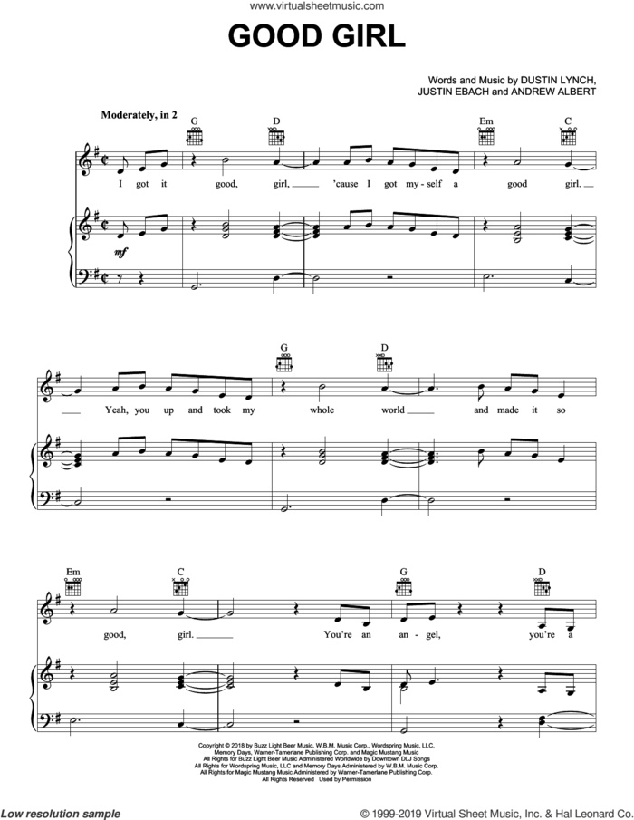 Good Girl sheet music for voice, piano or guitar by Dustin Lynch, Andrew Albert and Justin Ebach, intermediate skill level