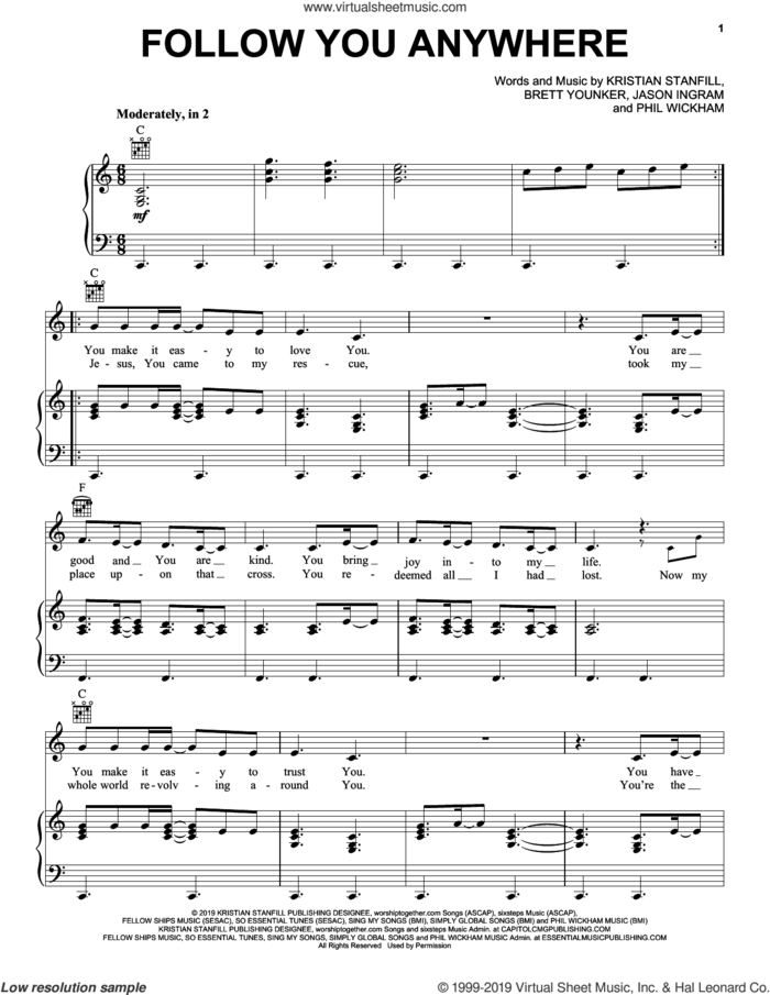 Follow You Anywhere sheet music for voice, piano or guitar by Passion, Brett Younker, Jason Ingram, Kristian Stanfill and Phil Wickham, intermediate skill level