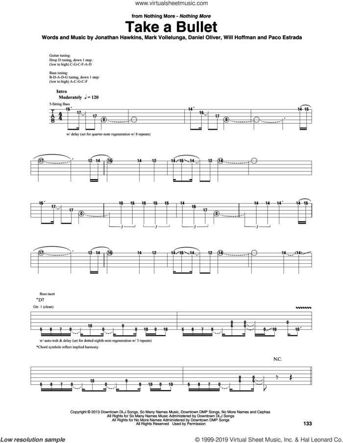 Take A Bullet sheet music for guitar (rhythm tablature) by Nothing More, Daniel Oliver, Jonathan Hawkins, Mark Vollelunga, Paco Estrada and Will Hoffman, intermediate skill level