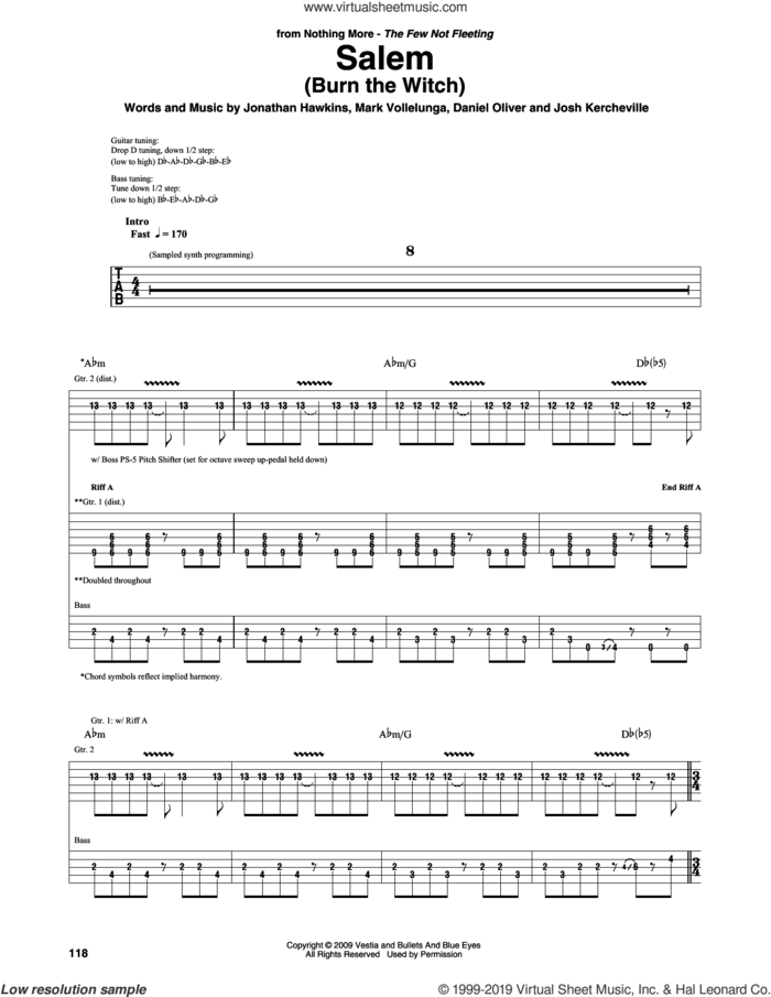 Salem (Burn The Witch) sheet music for guitar (rhythm tablature) by Nothing More, Daniel Oliver, Jonathan Hawkins, Josh Kercheville and Mark Vollelunga, intermediate skill level