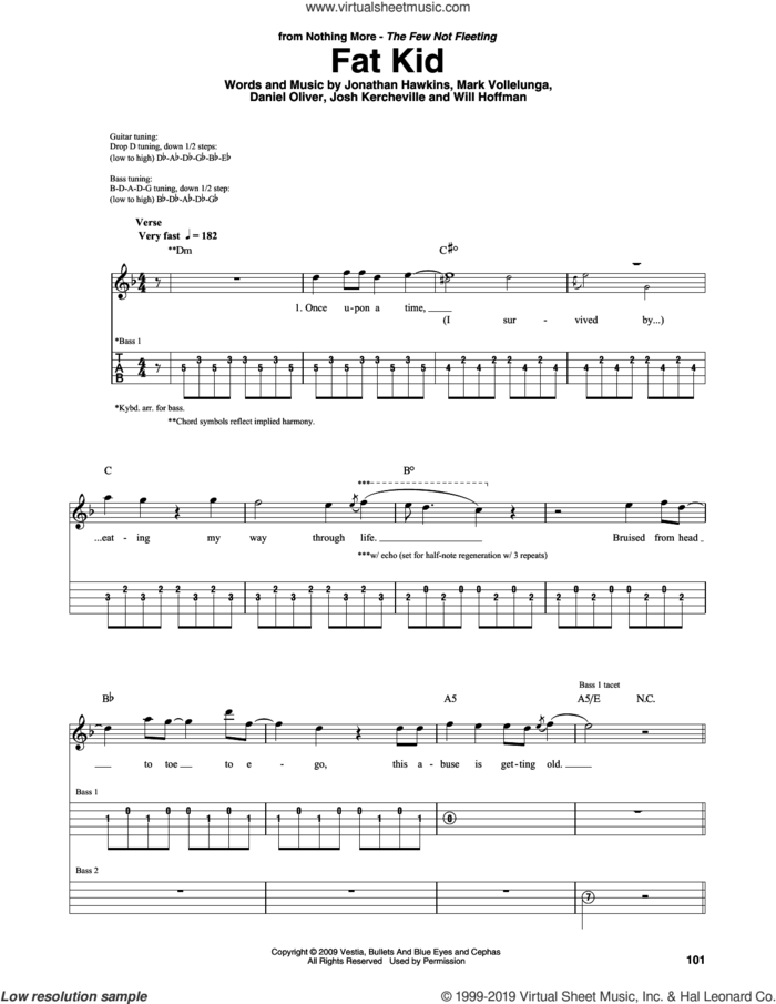 Fat Kid sheet music for guitar (rhythm tablature) by Nothing More, Daniel Oliver, Jonathan Hawkins, Josh Kercheville, Mark Vollelunga and Will Hoffman, intermediate skill level