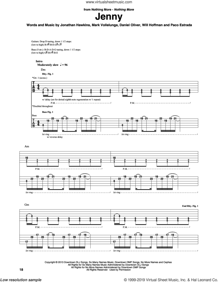 Jenny sheet music for guitar (rhythm tablature) by Nothing More, Daniel Oliver, Jonathan Hawkins, Mark Vollelunga, Paco Estrada and Will Hoffman, intermediate skill level