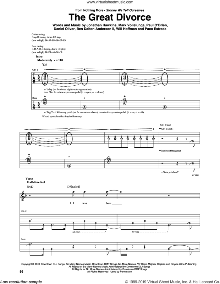 The Great Divorce sheet music for guitar (rhythm tablature) by Nothing More, Ben Dalton Anderson II, Daniel Oliver, Jonathan Hawkins, Mark Vollelunga, Paco Estrada and Will Hoffman, intermediate skill level