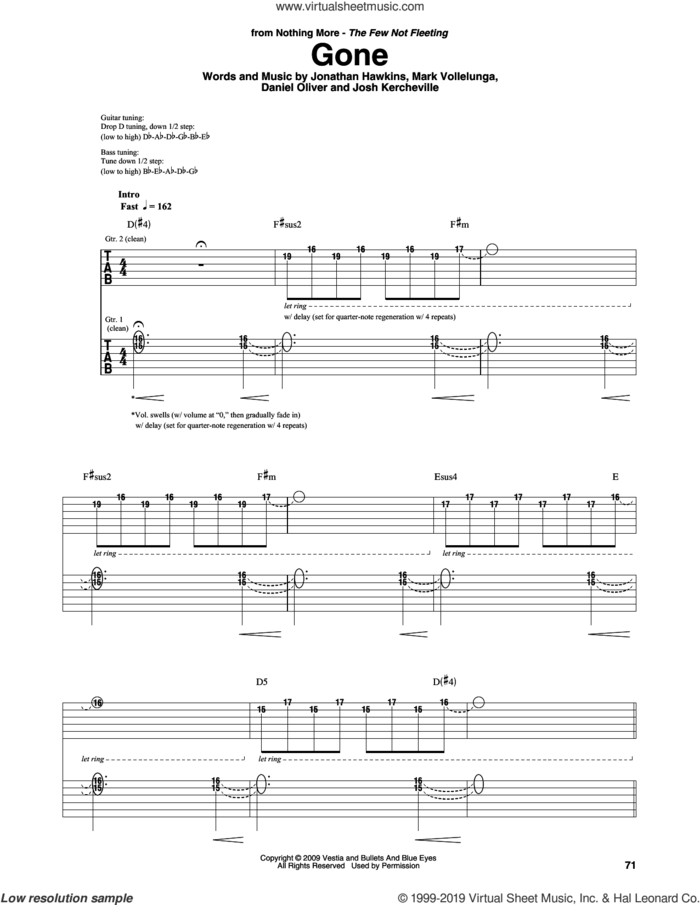 Gone sheet music for guitar (rhythm tablature) by Nothing More, Daniel Oliver, Jonathan Hawkins, Josh Kercheville and Mark Vollelunga, intermediate skill level