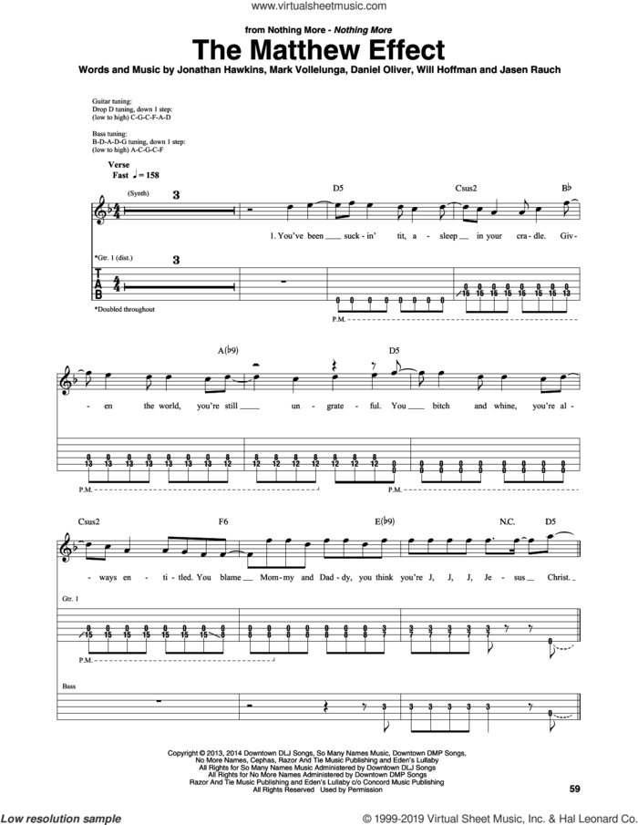 The Matthew Effect sheet music for guitar (rhythm tablature) by Nothing More, Daniel Oliver, Jasen Rauch, Jonathan Hawkins, Mark Vollelunga and Will Hoffman, intermediate skill level