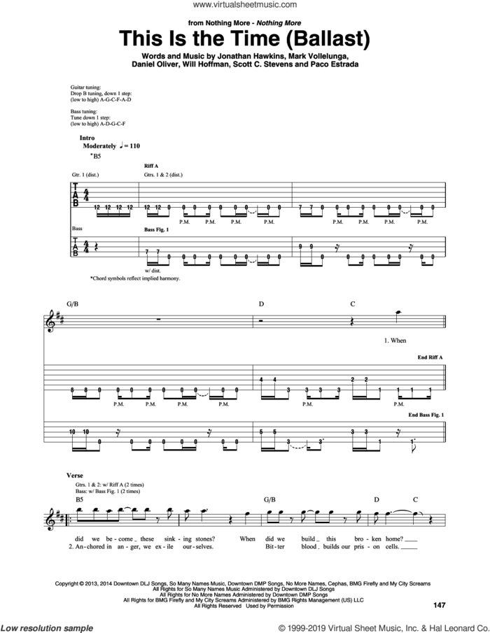 This Is The Time (Ballast) sheet music for guitar (rhythm tablature) by Nothing More, Daniel Oliver, Jonathan Hawkins, Mark Vollelunga, Paco Estrada, Scott C. Stevens and Will Hoffman, intermediate skill level