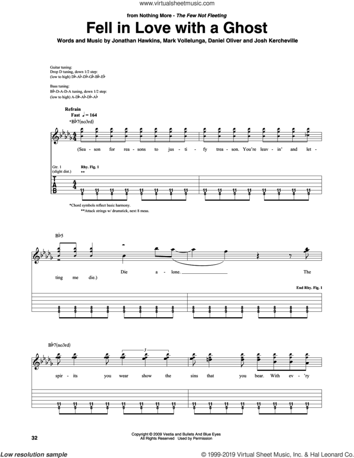 Fell In Love With A Ghost sheet music for guitar (rhythm tablature) by Nothing More, Daniel Oliver, Jonathan Hawkins, Josh Kercheville and Mark Vollelunga, intermediate skill level