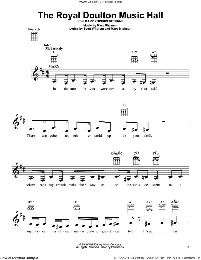 The Royal Doulton Music Hall (from Mary Poppins Returns) sheet music for ukulele by Emily Blunt & Lin-Manuel Miranda, Marc Shaiman and Scott Wittman, intermediate skill level