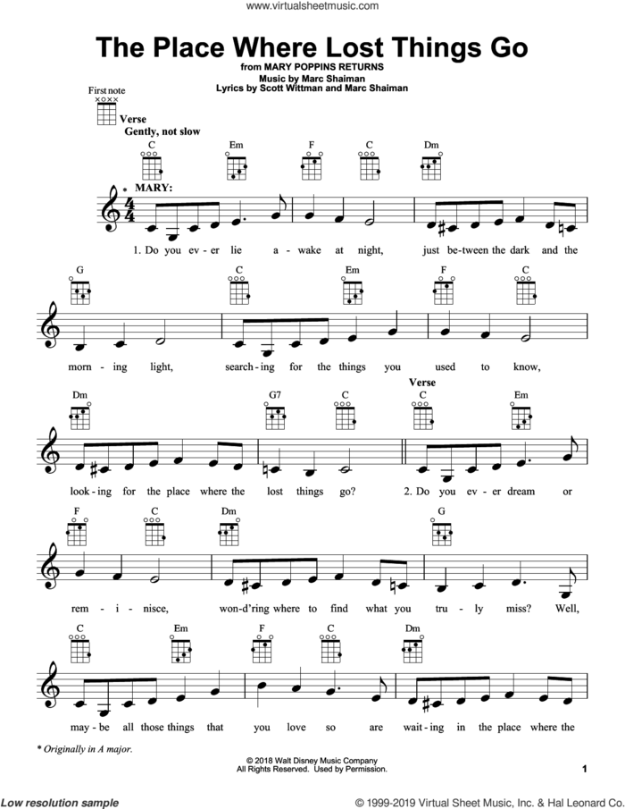The Place Where Lost Things Go (from Mary Poppins Returns) sheet music for ukulele by Emily Blunt, Marc Shaiman and Scott Wittman, intermediate skill level
