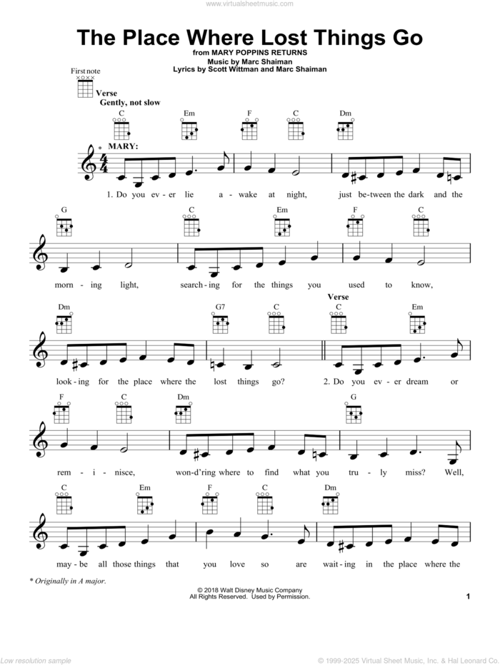 The Place Where Lost Things Go (from Mary Poppins Returns) sheet music for ukulele by Emily Blunt, Marc Shaiman and Scott Wittman, intermediate skill level