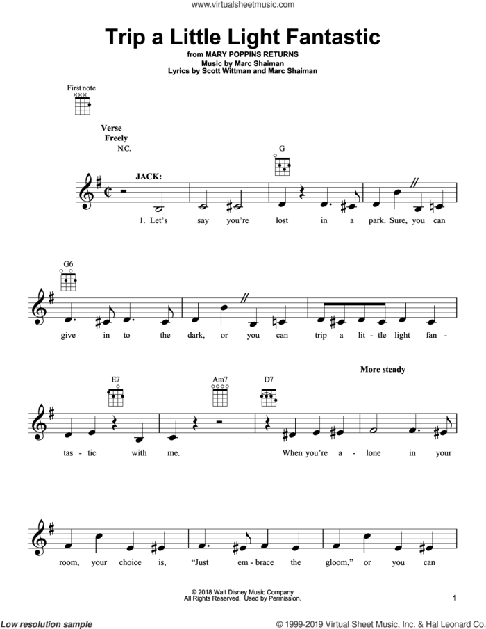 Trip A Little Light Fantastic (from Mary Poppins Returns) sheet music for ukulele by Lin-Manuel Miranda, Marc Shaiman and Scott Wittman, intermediate skill level