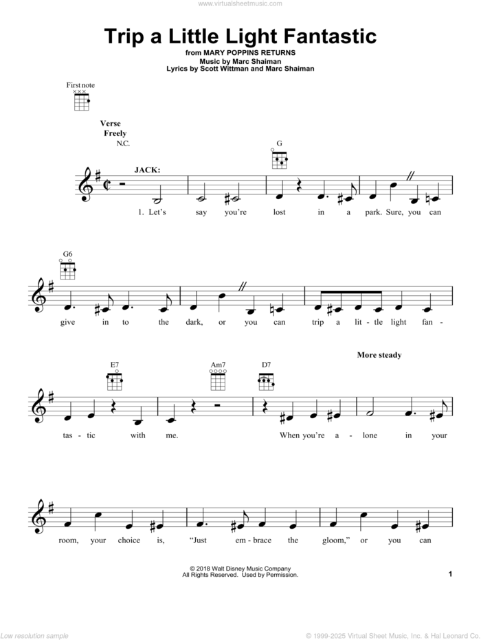 Trip A Little Light Fantastic (from Mary Poppins Returns) sheet music for ukulele by Lin-Manuel Miranda, Marc Shaiman and Scott Wittman, intermediate skill level