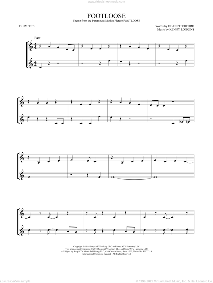 Footloose sheet music for two trumpets (duet, duets) by Kenny Loggins and Dean Pitchford, intermediate skill level