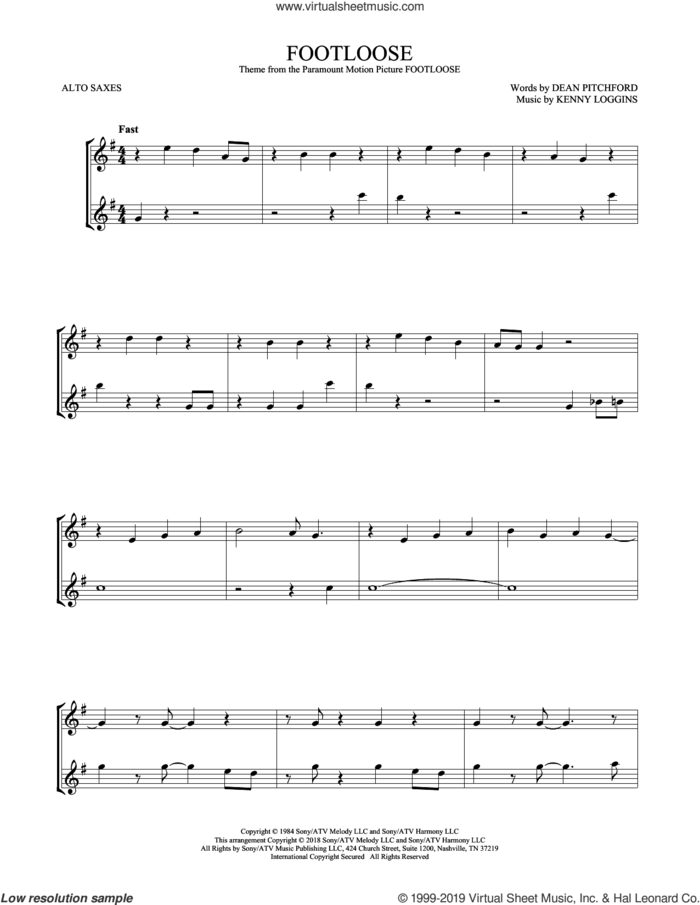 Footloose sheet music for two alto saxophones (duets) by Kenny Loggins and Dean Pitchford, intermediate skill level