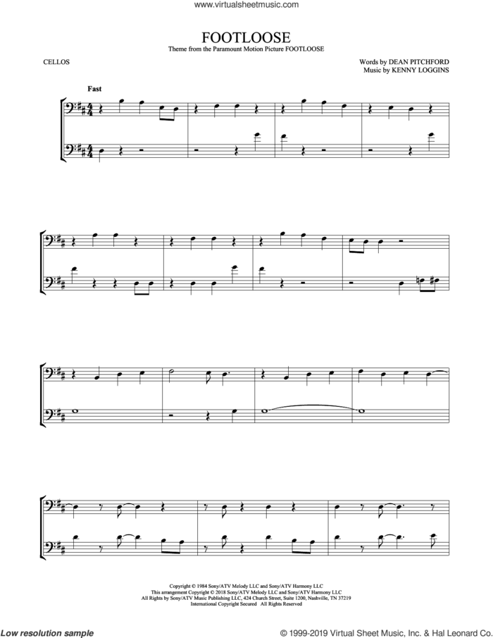Footloose sheet music for two cellos (duet, duets) by Kenny Loggins and Dean Pitchford, intermediate skill level
