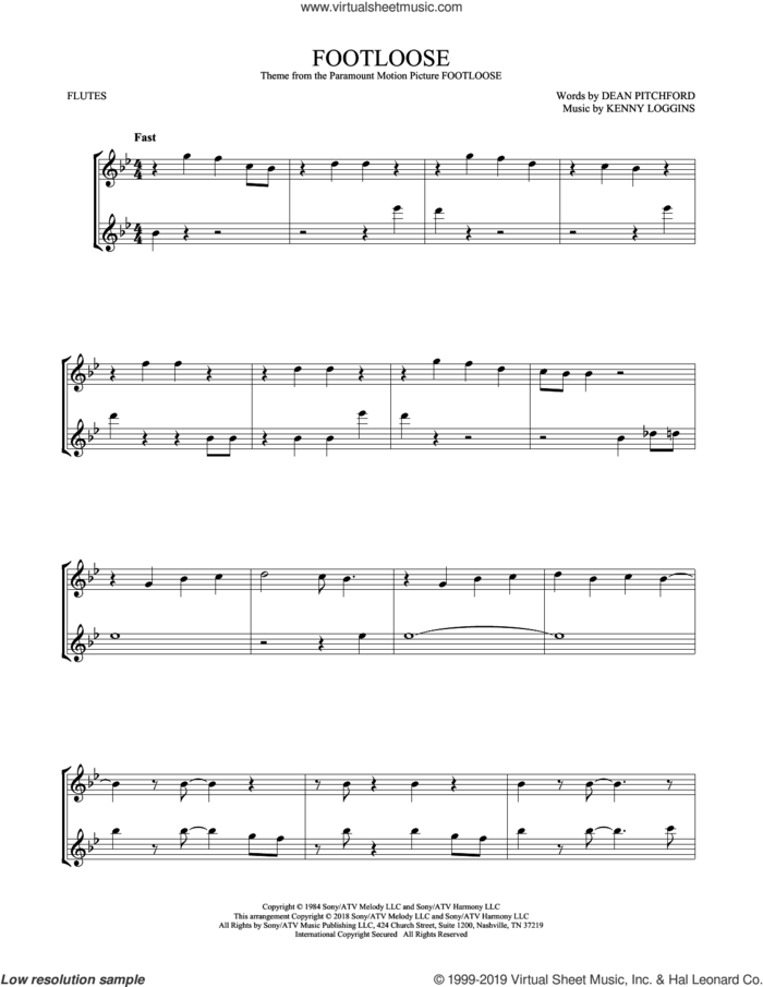 Footloose sheet music for two flutes (duets) by Kenny Loggins and Dean Pitchford, intermediate skill level