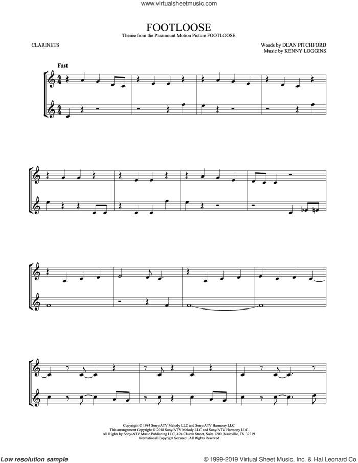 Footloose sheet music for two clarinets (duets) by Kenny Loggins and Dean Pitchford, intermediate skill level