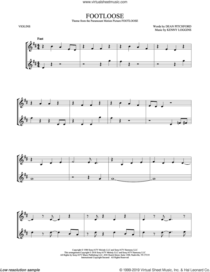Footloose sheet music for two violins (duets, violin duets) by Kenny Loggins and Dean Pitchford, intermediate skill level