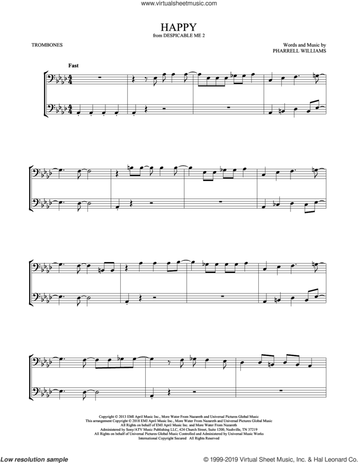 Happy (from Despicable Me 2) sheet music for two trombones (duet, duets) by Pharrell and Pharrell Williams, intermediate skill level