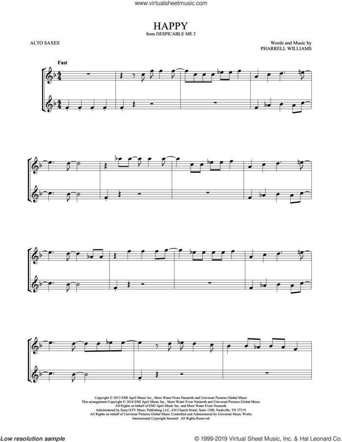 Happy (from Despicable Me 2) sheet music for two alto saxophones (duets) by Pharrell and Pharrell Williams, intermediate skill level