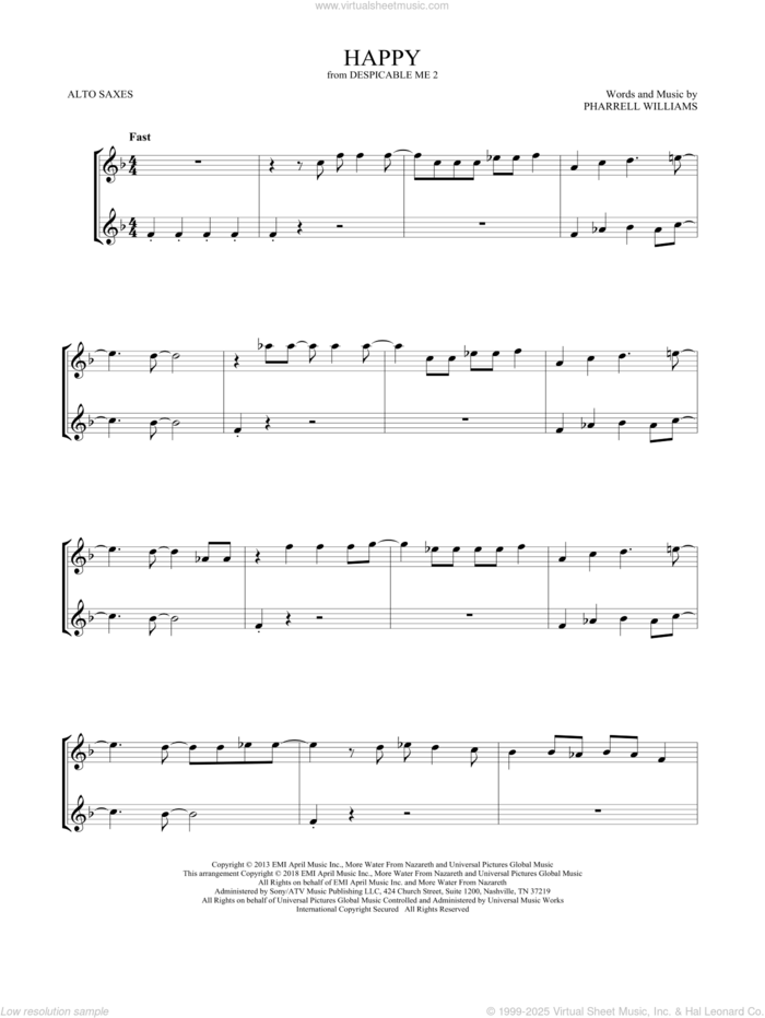 Happy (from Despicable Me 2) sheet music for two alto saxophones (duets) by Pharrell and Pharrell Williams, intermediate skill level