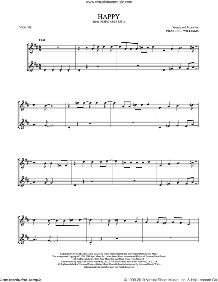 Happy (from Despicable Me 2) sheet music for two violins (duets, violin duets) by Pharrell and Pharrell Williams, intermediate skill level