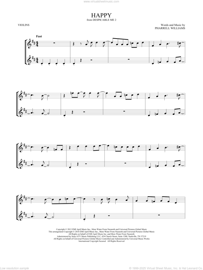 Happy (from Despicable Me 2) sheet music for two violins (duets, violin duets) by Pharrell and Pharrell Williams, intermediate skill level