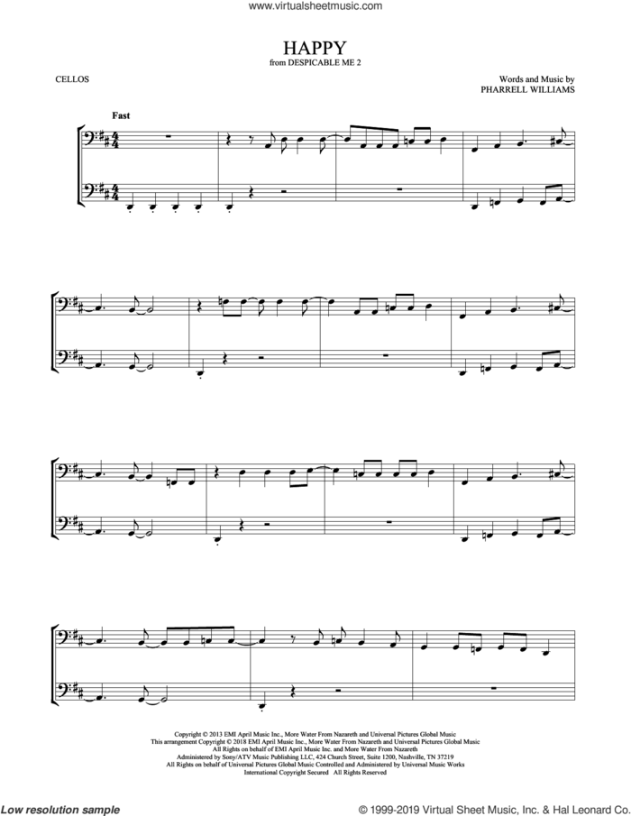 Happy (from Despicable Me 2) sheet music for two cellos (duet, duets) by Pharrell and Pharrell Williams, intermediate skill level