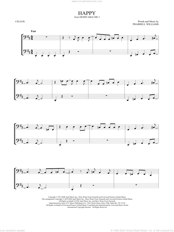 Happy (from Despicable Me 2) sheet music for two cellos (duet, duets) by Pharrell and Pharrell Williams, intermediate skill level