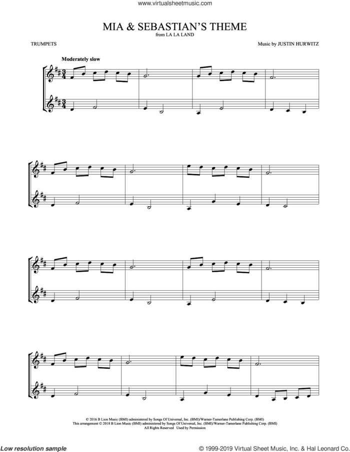 Mia and Sebastian's Theme (from La La Land) sheet music for two trumpets (duet, duets) by Justin Hurwitz, intermediate skill level