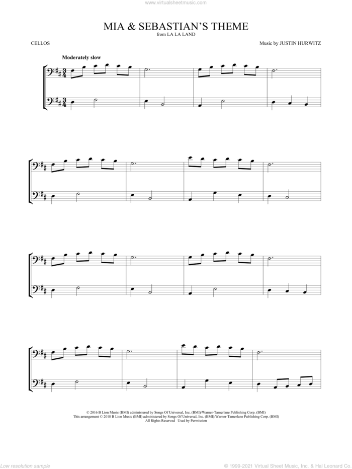 Mia and Sebastian's Theme (from La La Land) sheet music for two cellos (duet, duets) by Justin Hurwitz, intermediate skill level